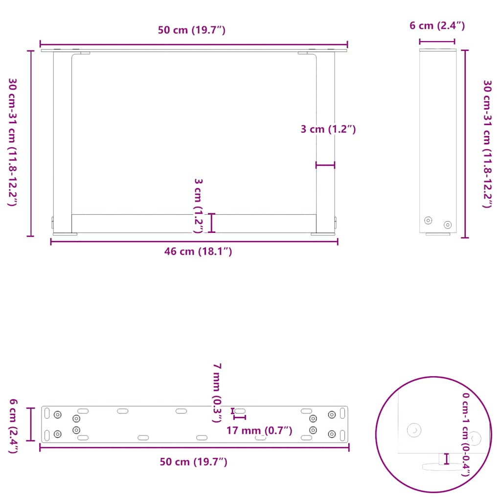 sofabordsben U-formet 2 stk. naturstål 50x(30-31) cm stål