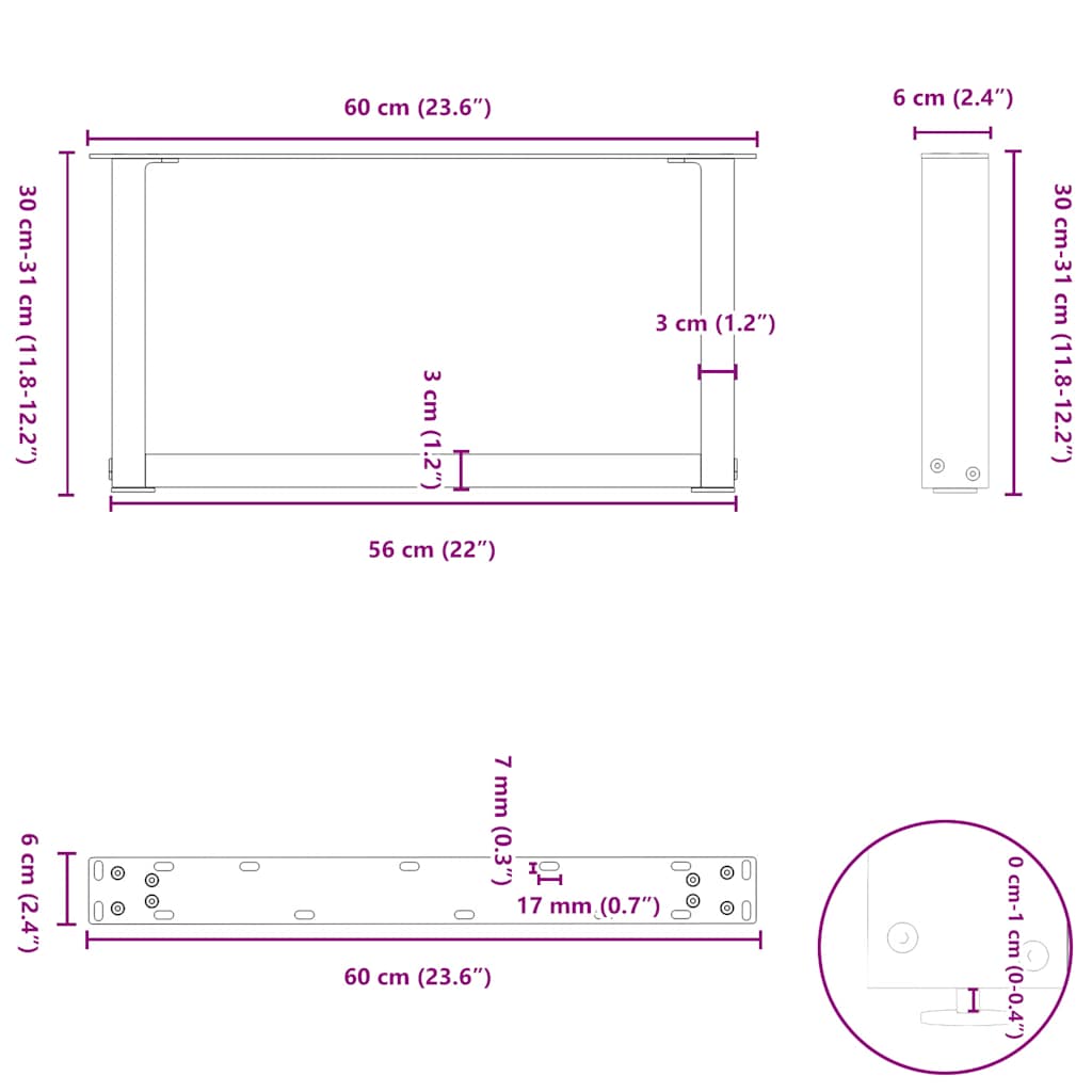 sofabordsben U-formet 2 stk. hvid 60x(30-31) cm stål