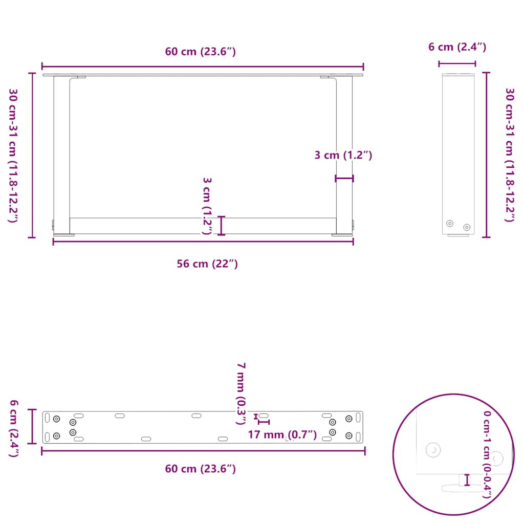 sofabordsben U-formet 2 stk. antracit 60x(30-31) cm stål