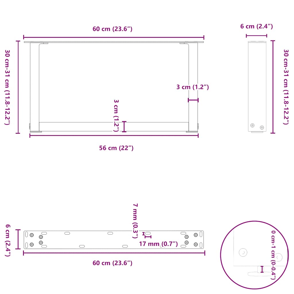 sofabordsben U-formet 2 stk. naturstål 60x(30-31) cm stål
