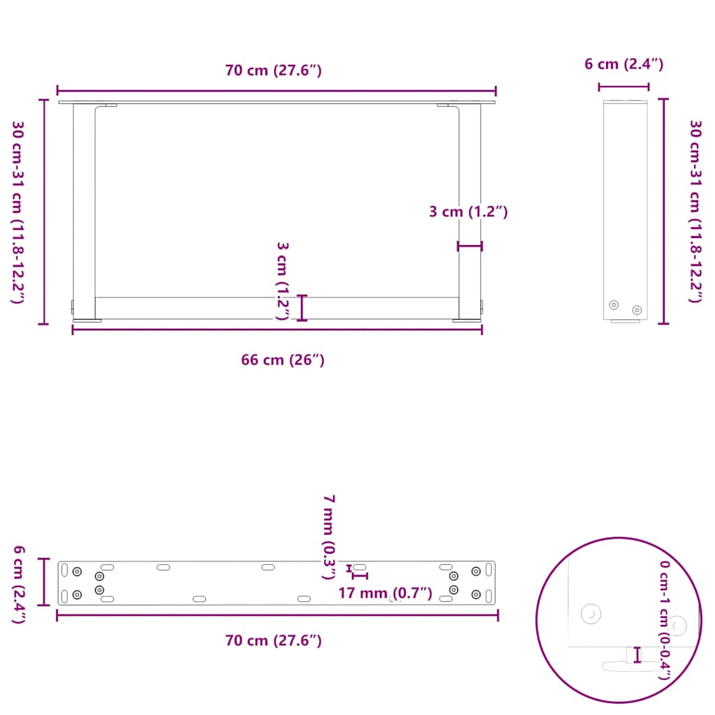 sofabordsben U-formet 2 stk. sort 70 x (30-31) cm stål
