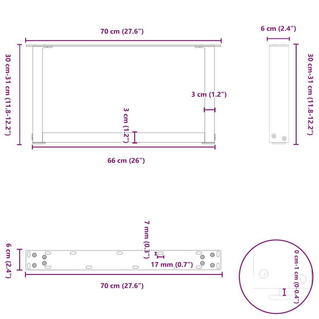 sofabordsben U-formet 2 stk. hvid 70x(30-31) cm stål
