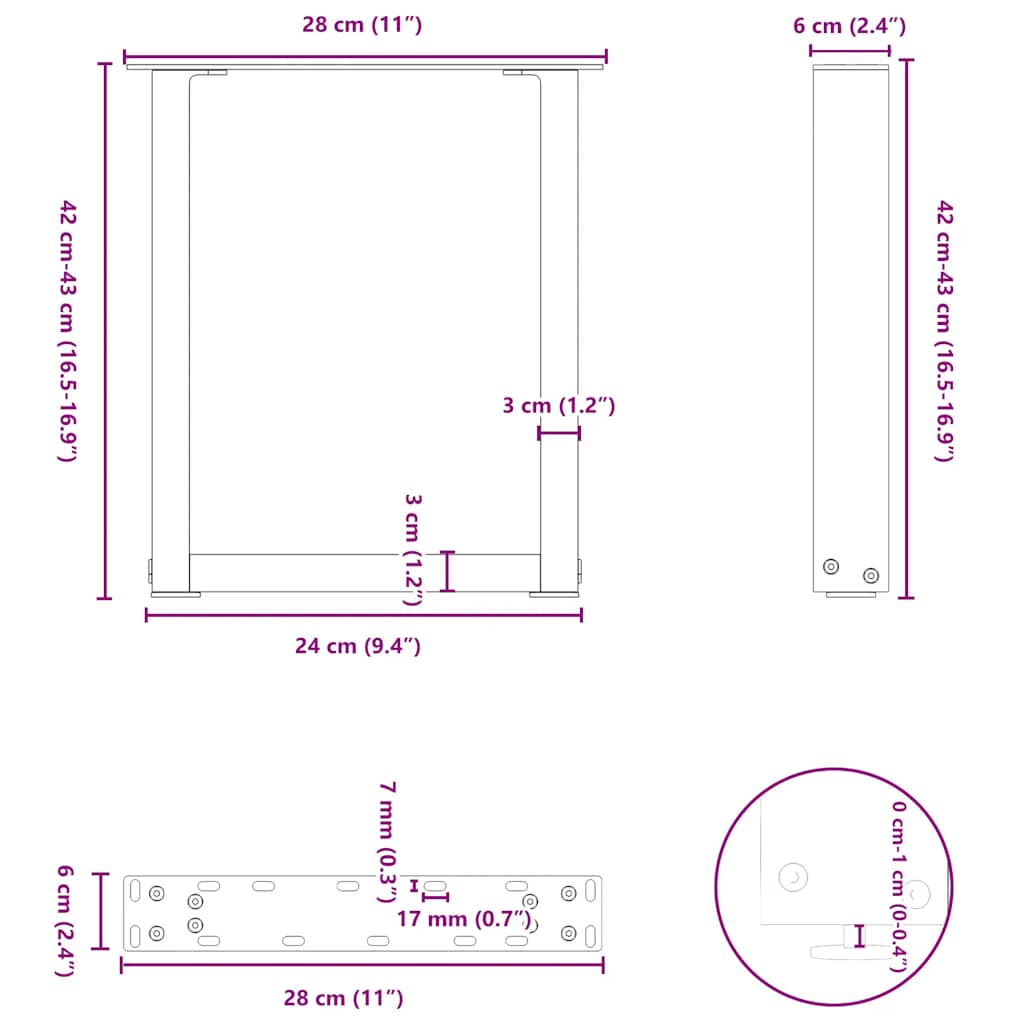 sofabordsben U-formet 2 stk. antracit 28 x (42-43) cm stål