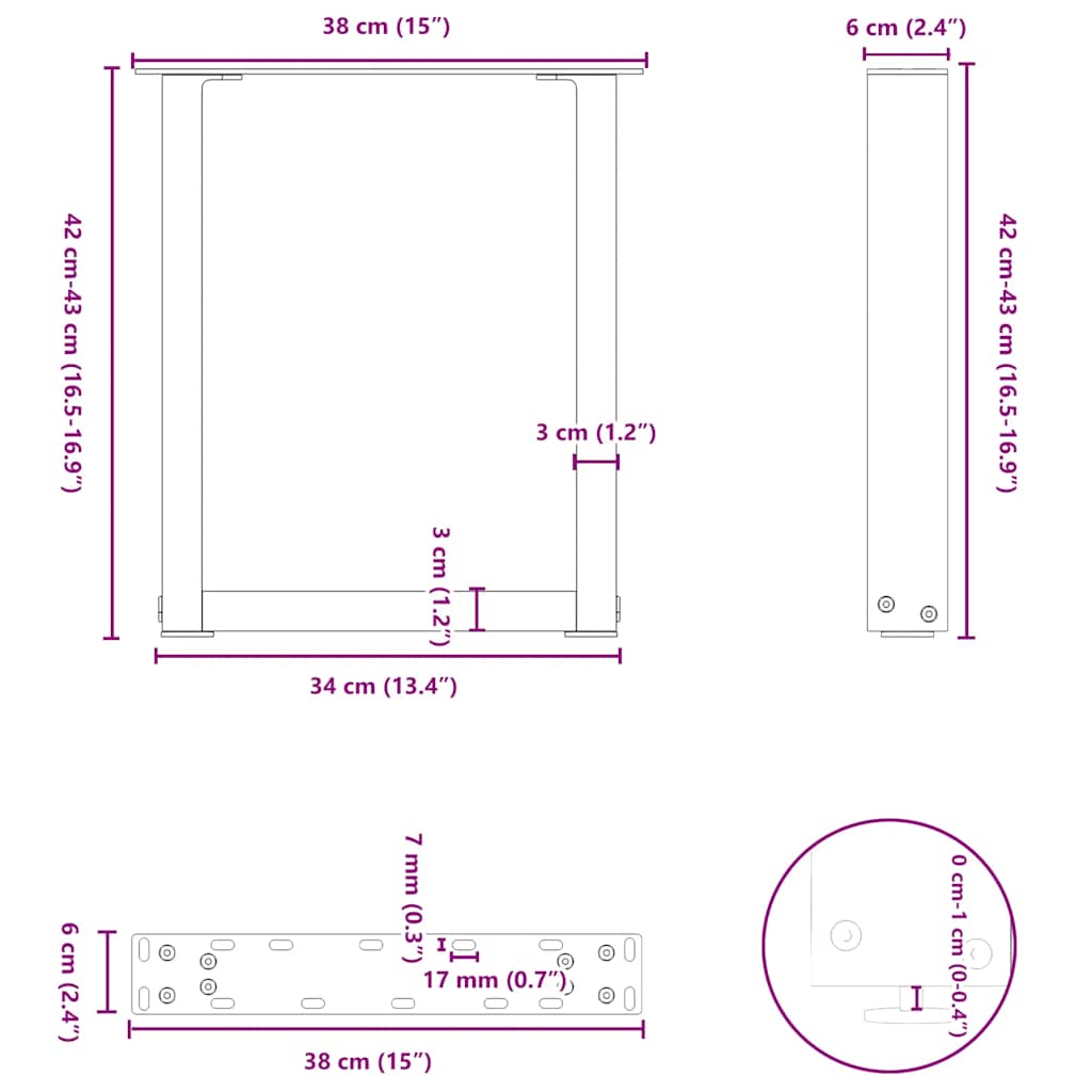 sofabordsben U-formet 2 stk. sort 38 x (42-43) cm stål