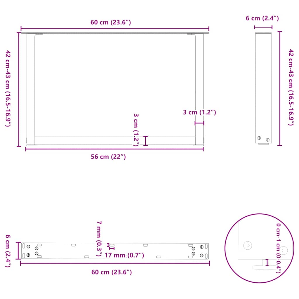 sofabordsben U-formet 2 stk. hvid 60 x (42-43) cm stål