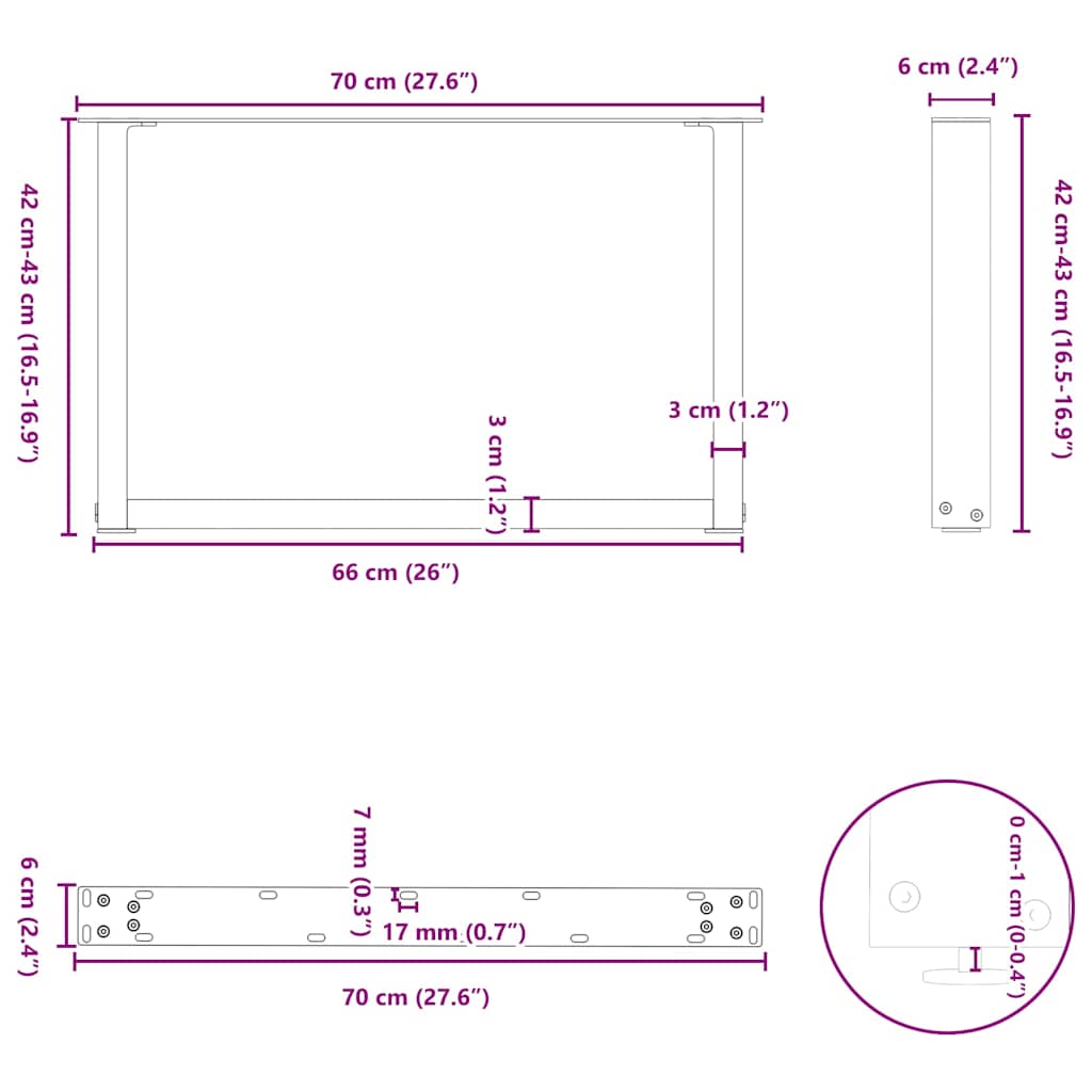sofabordsben U-formet 2 stk. sort 70 x (42-43) cm stål