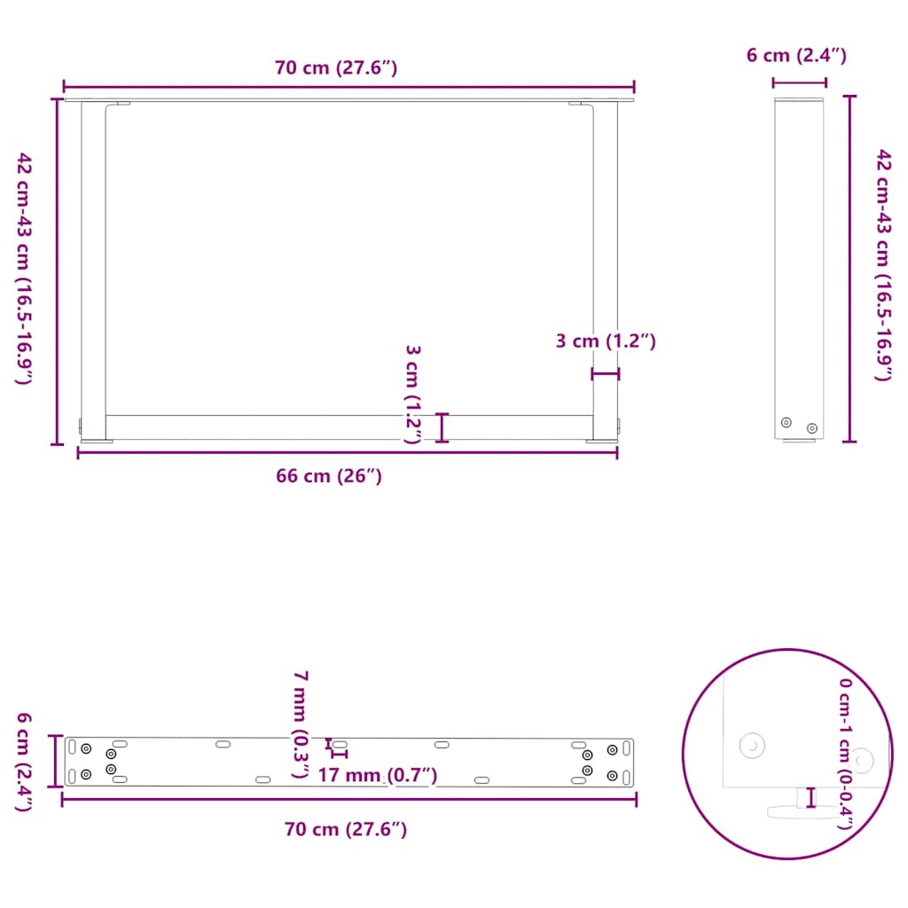sofabordsben U-formet 2 stk. antracit 70 x (42-43) cm stål