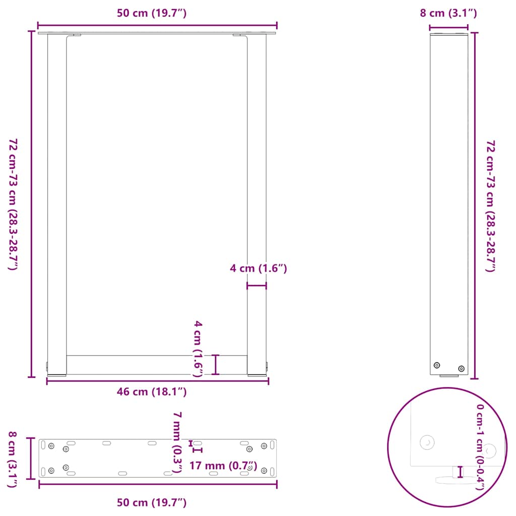 spisebordsben U-formet 2 stk. naturstål 50x(72-73) cm stål