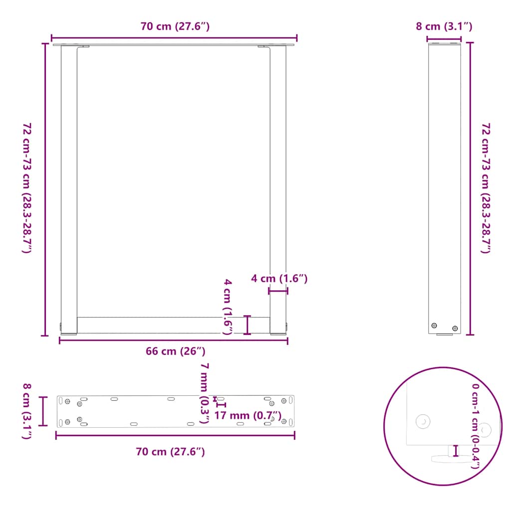 spisebordsben U-formet 2 stk. antracit 70 x (72-73) cm stål
