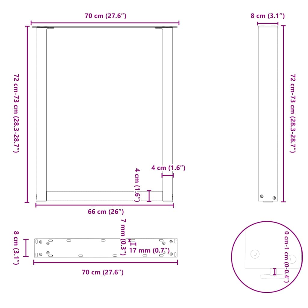 spisebordsben U-formet 2 stk. naturstål 70x(72-73) cm stål