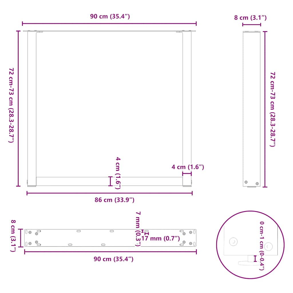 spisebordsben U-formet 3 stk. sort 90 x (72-73) cm stål