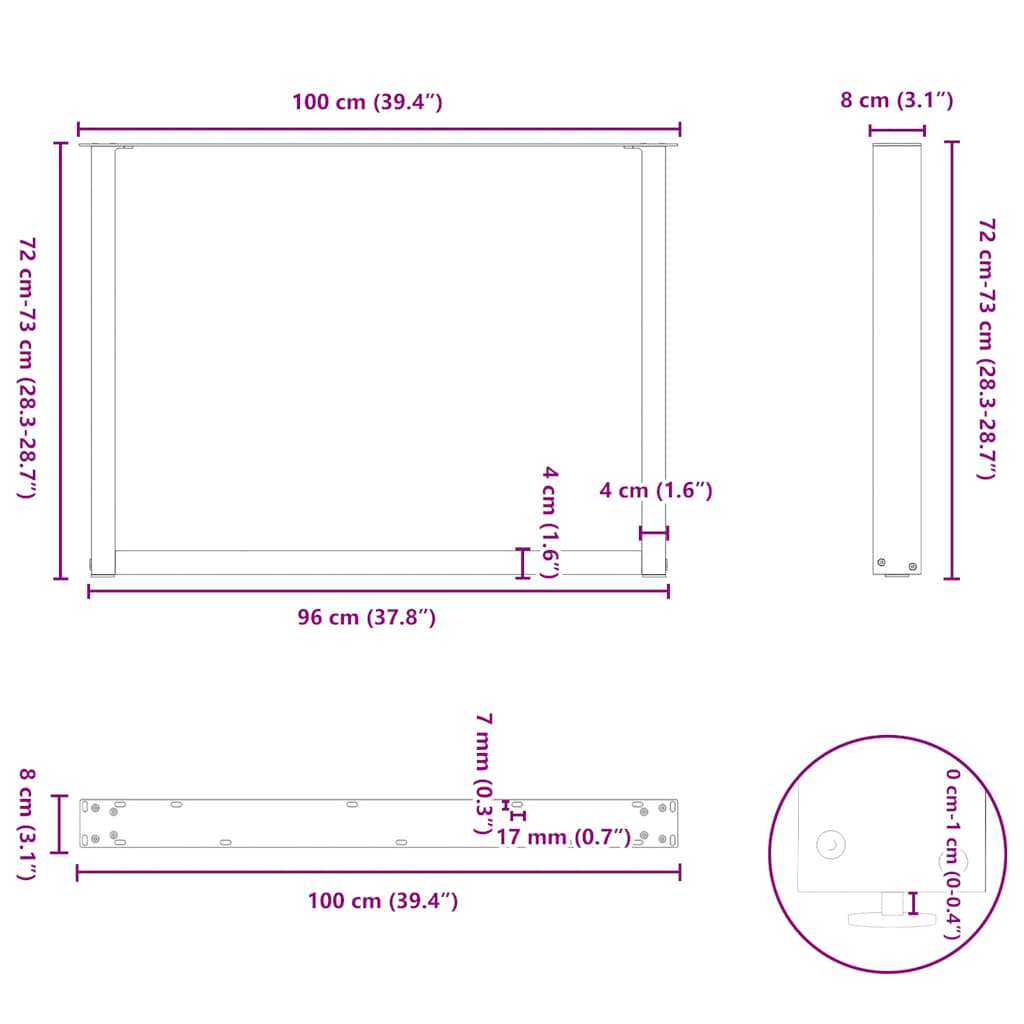 spisebordsben U-formet 3 Stk. hvid 100x(72-73) cm stål