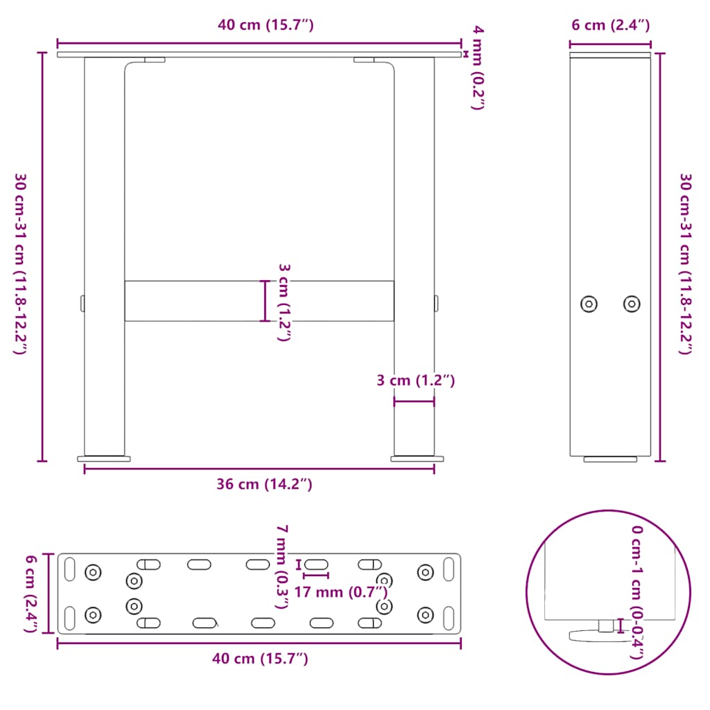 sofabordsben naturstål 2 stk. 40x(30-31) cm stål