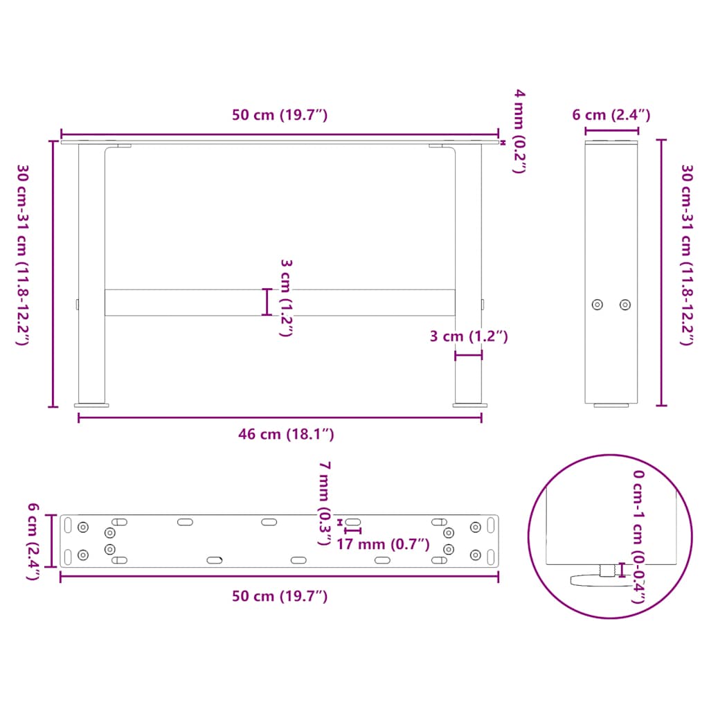 sofabordsben naturstål 2 stk. 50x(30-31) cm stål