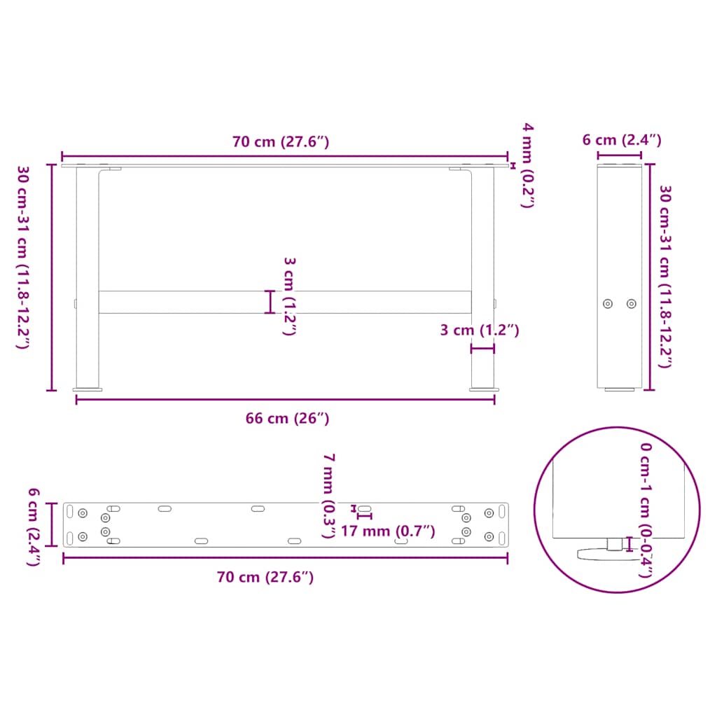 sofabordsben antracit 2 stk. 70 x (30-31) cm stål