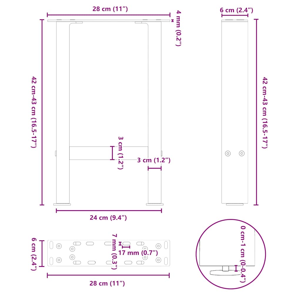 sofabordsben sort 2 stk. 28 x (42-43) cm stål