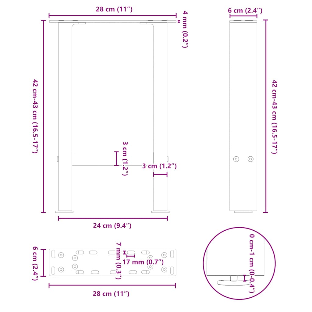 sofabordsben antracit 2 stk. 28 x (42-43) cm stål
