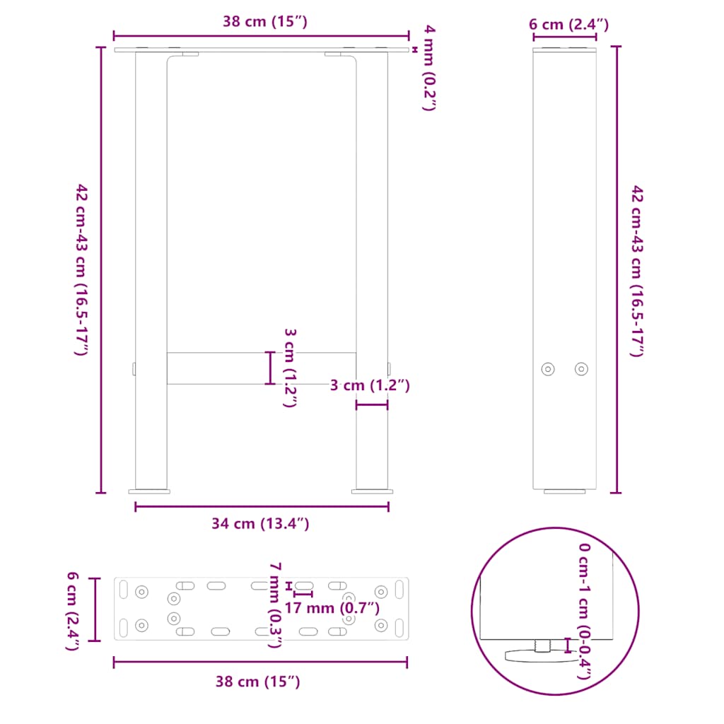 sofabordsben naturstål 2 stk. 38 x (42-43) cm stål