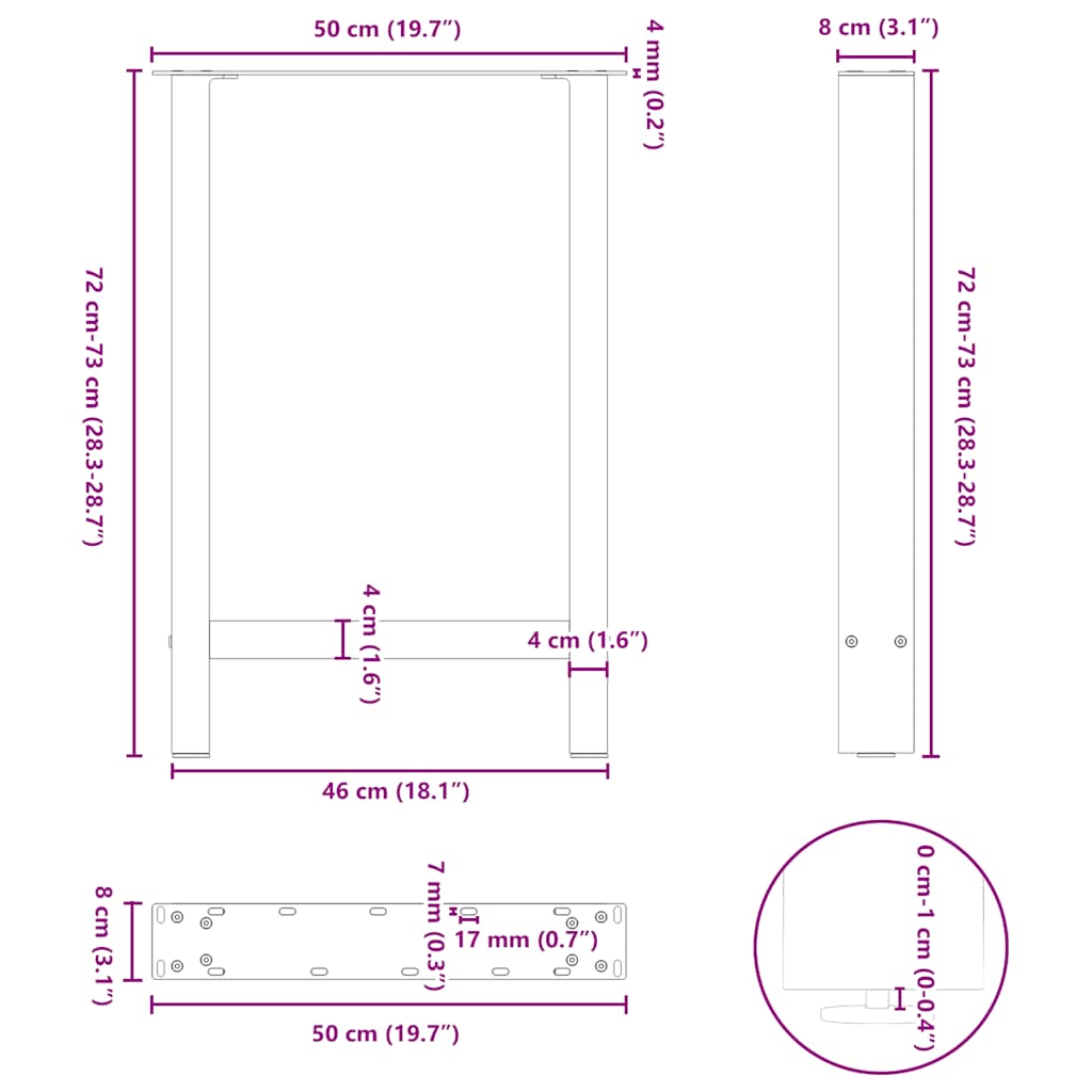 spisebordsben naturstål 2 stk. 50x(72-73) cm stål