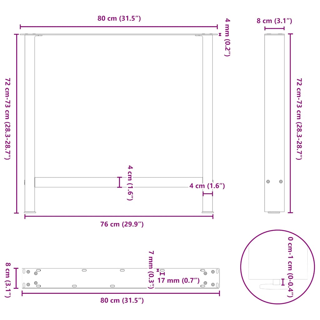 spisebordsben sort 2 stk. 80x(72-73) cm stål