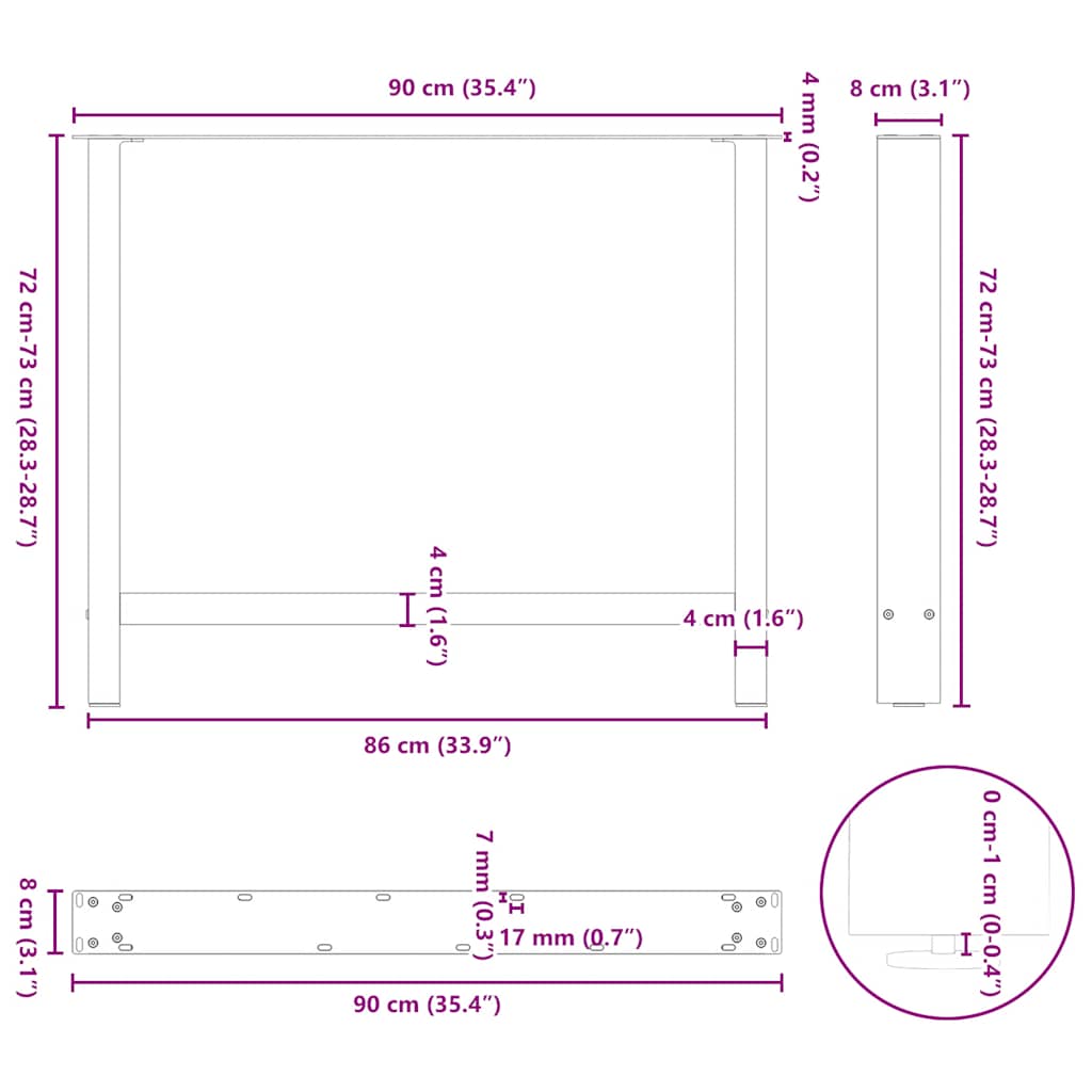 spisebordsben naturstål 2 stk. 90x(72-73) cm stål