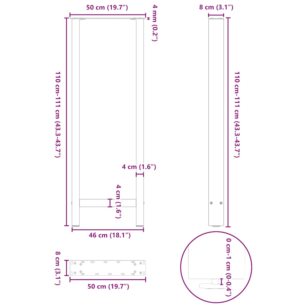 barbordsben sort 2 stk. 50x(110-111) cm stål