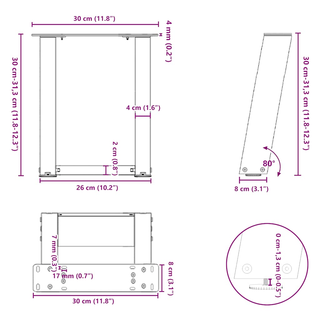 sofabordsben U-formet 2 stk. naturstål 30x(30-31) cm stål