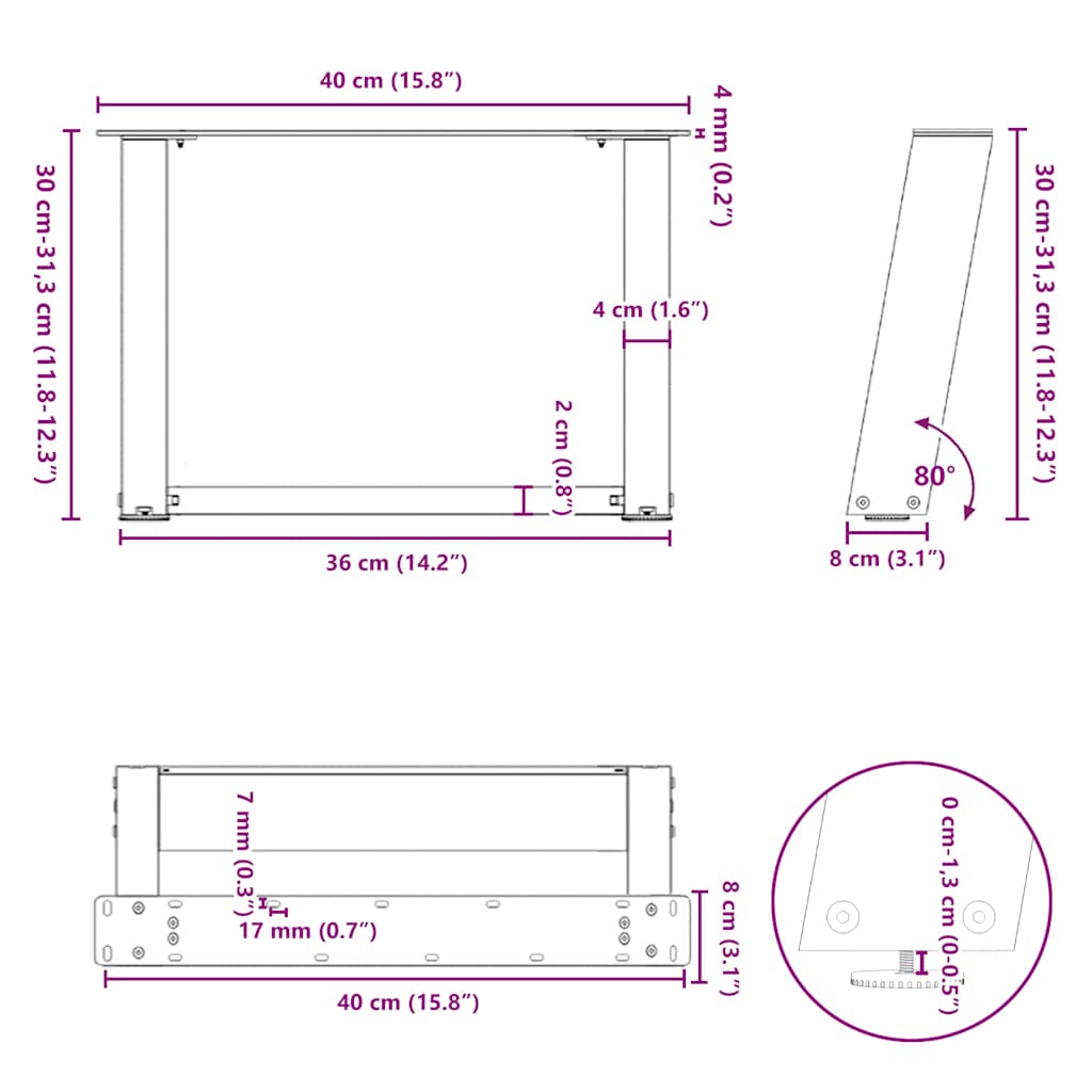 sofabordsben U-formet 2 stk. sort 40x(30-31) cm stål