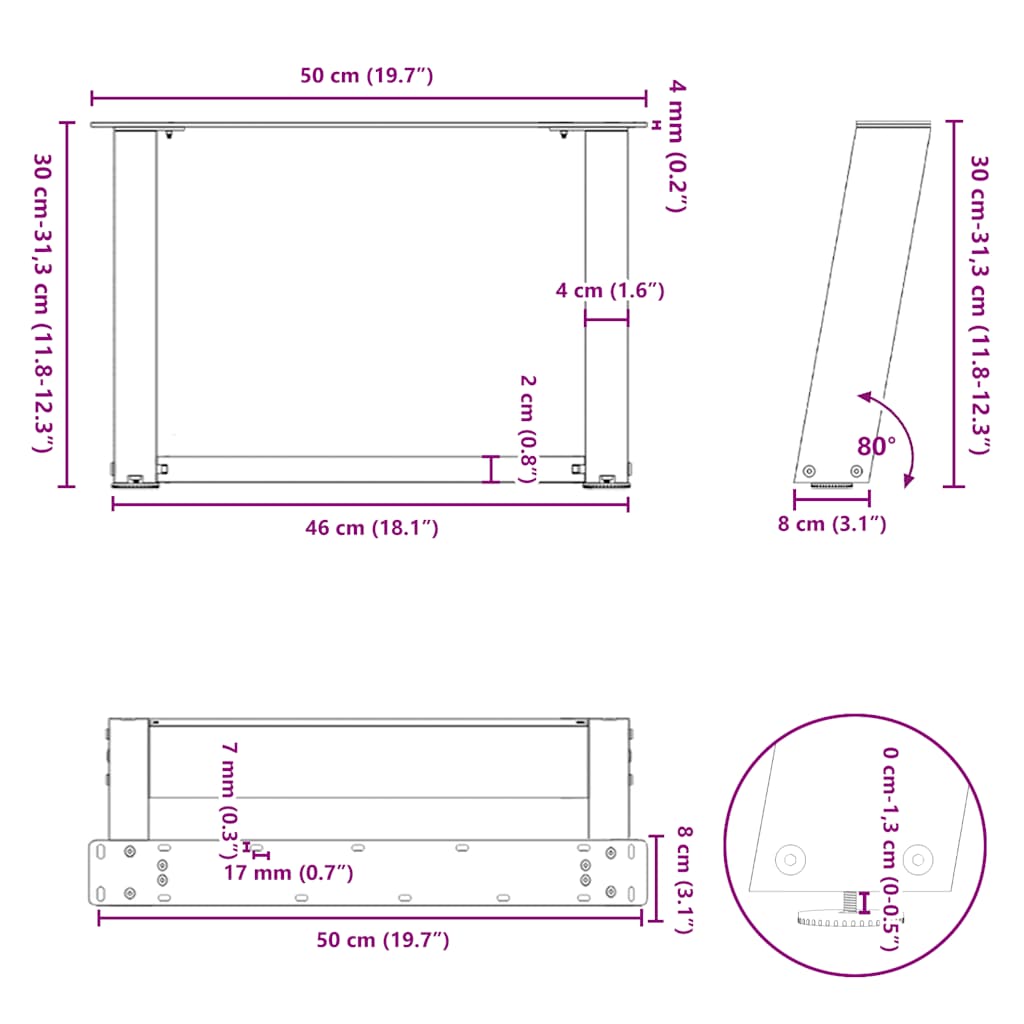 sofabordsben U-formet 2 stk. antracit 50x(30-31) cm stål