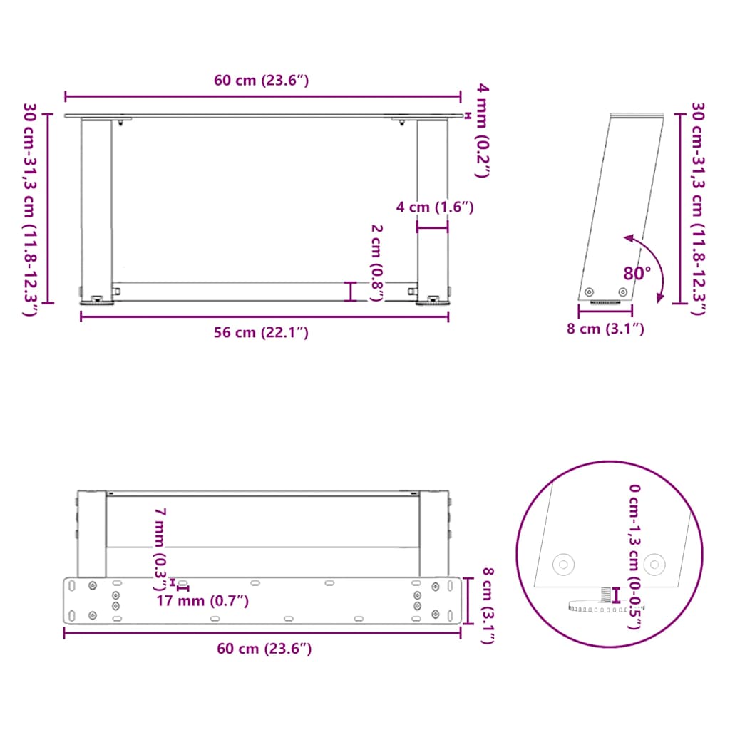 sofabordsben U-formet 2 stk. naturstål 60x(30-31) cm stål