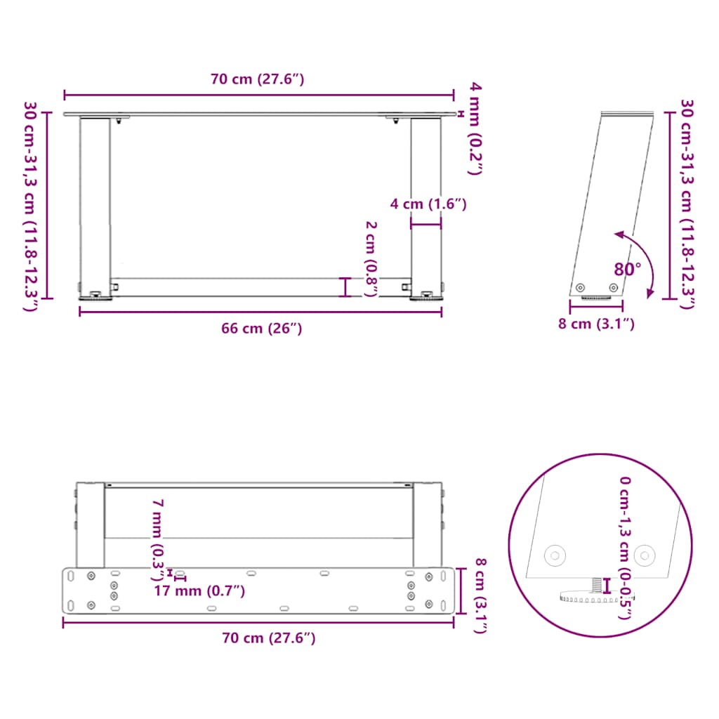 sofabordsben U-formet 2 stk. sort 70 x (30-31) cm stål
