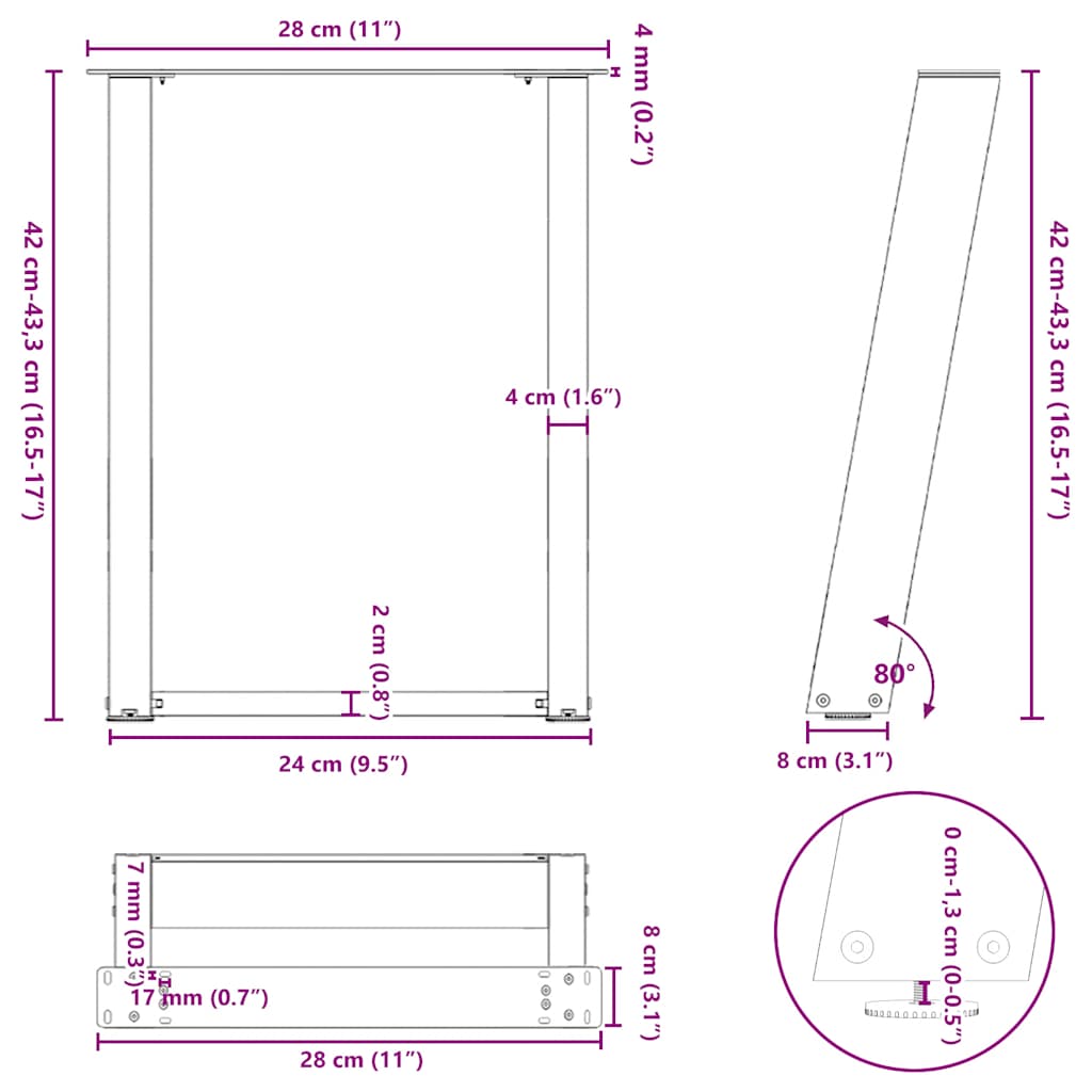 sofabordsben U-formet 2 stk. hvid 28 x (42-43) cm stål
