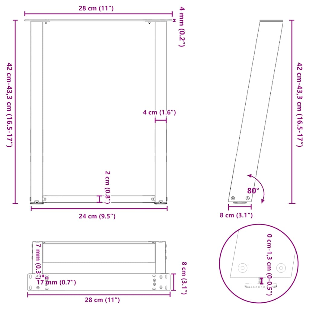 sofabordsben U-formet 2 stk. naturstål 28 x (42-43) cm stål