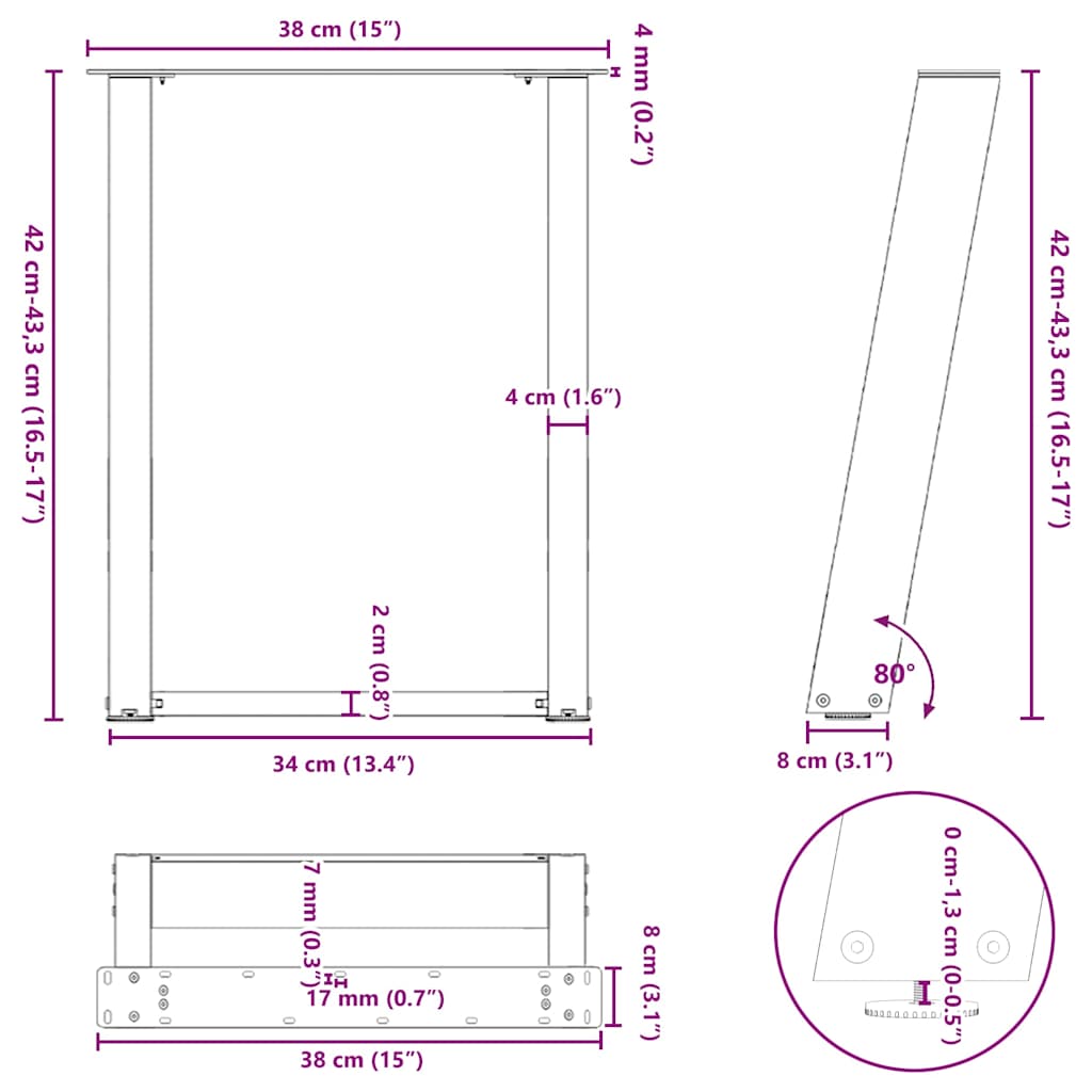 sofabordsben U-formet 2 stk. antracit 38 x (42-43) cm stål