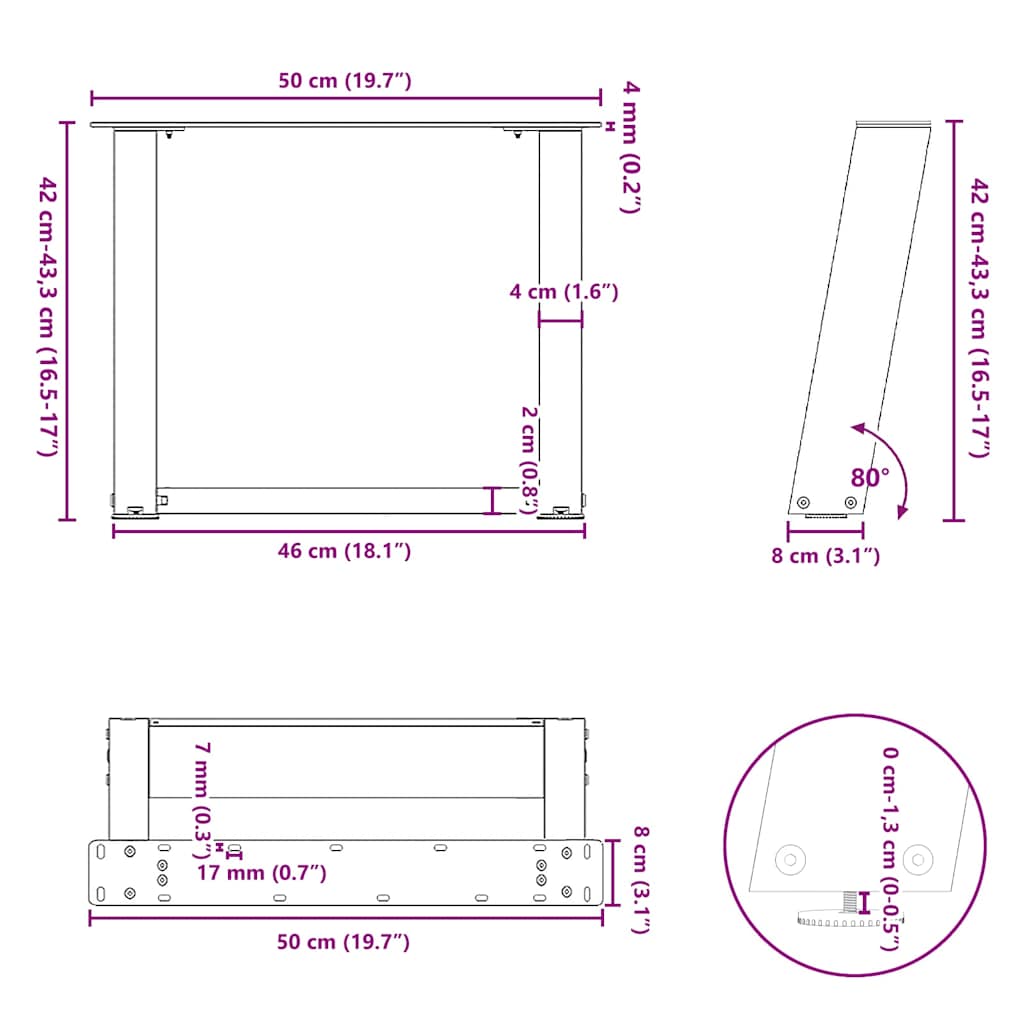sofabordsben U-formet 2 stk. sort 50x(42-43) cm stål