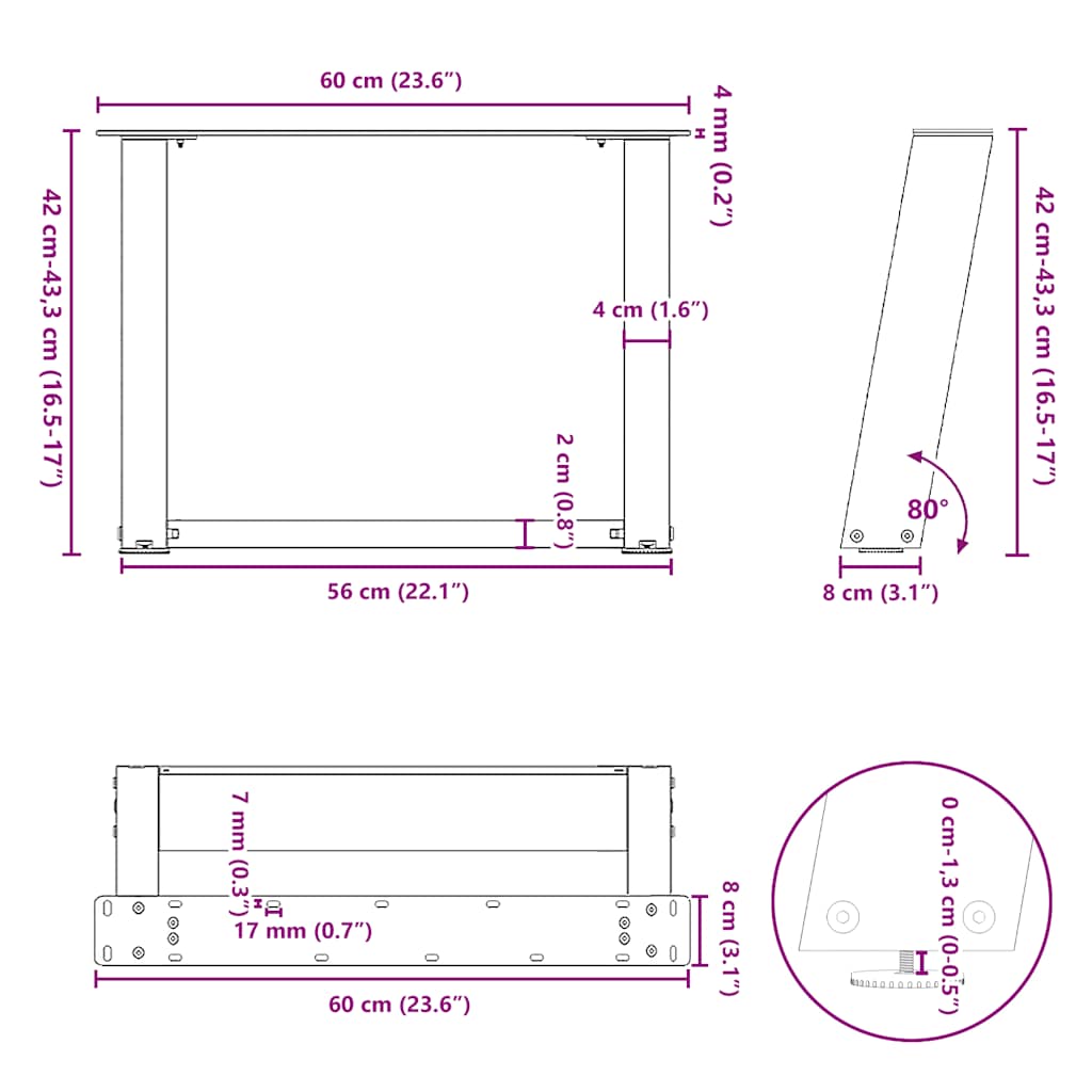 sofabordsben U-formet 2 stk. naturstål 60 x (42-43) cm stål
