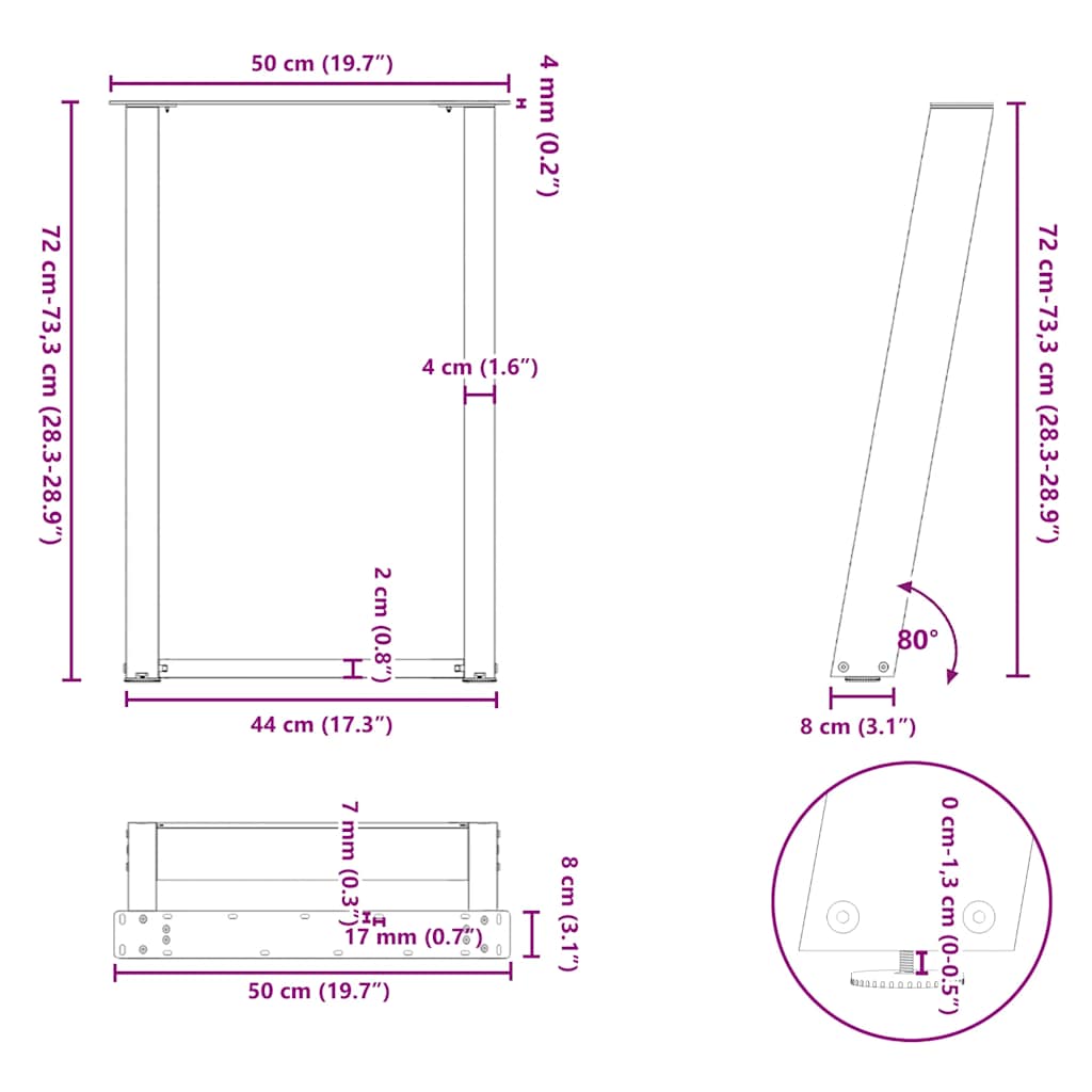 spisebordsben U-formet 2 stk. hvid 50x(72-73) cm stål