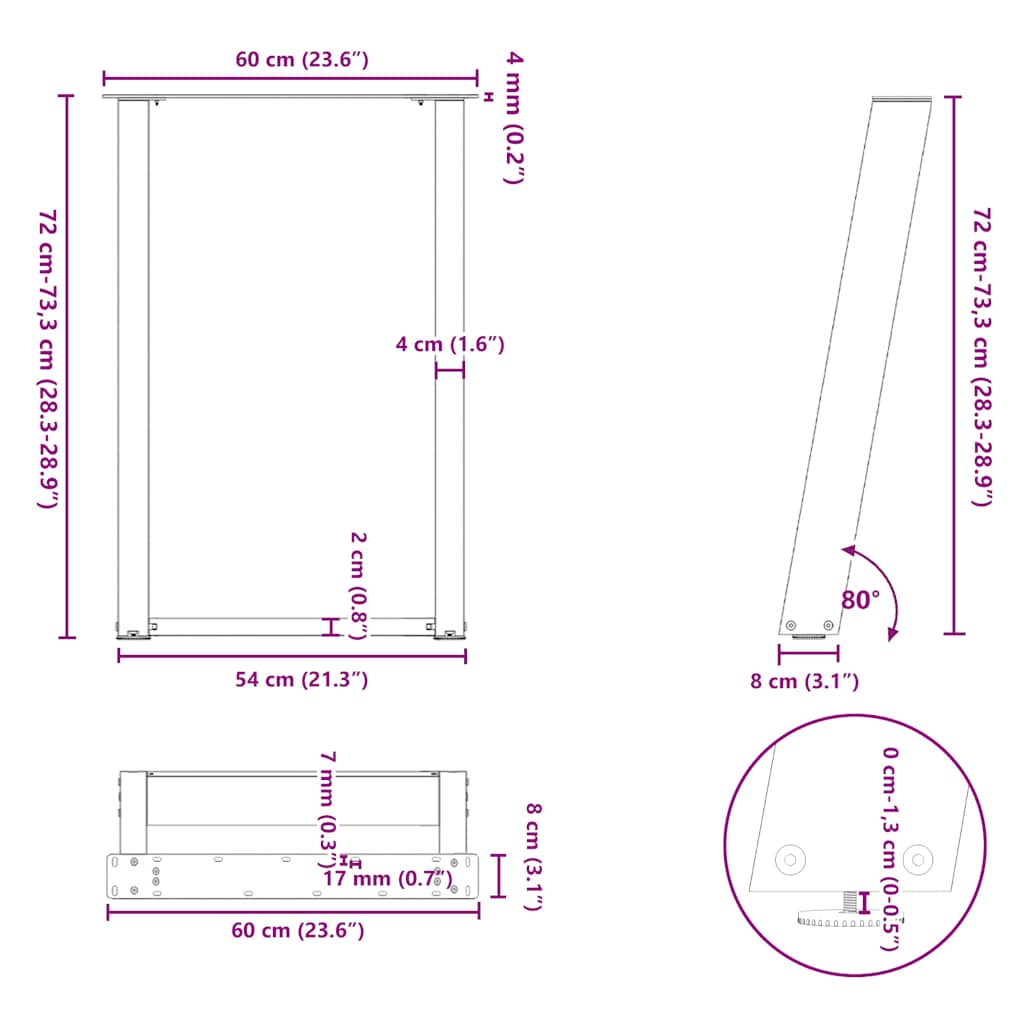 spisebordsben U-formet 2 stk. sort 60 x (72-73) cm stål