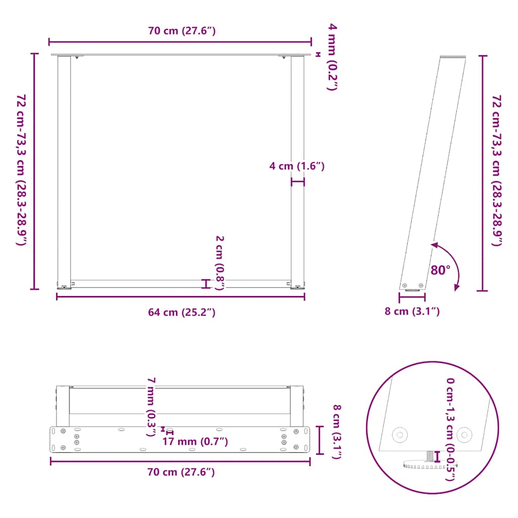 spisebordsben U-formet 2 stk. sort 70 x (72-73) cm stål