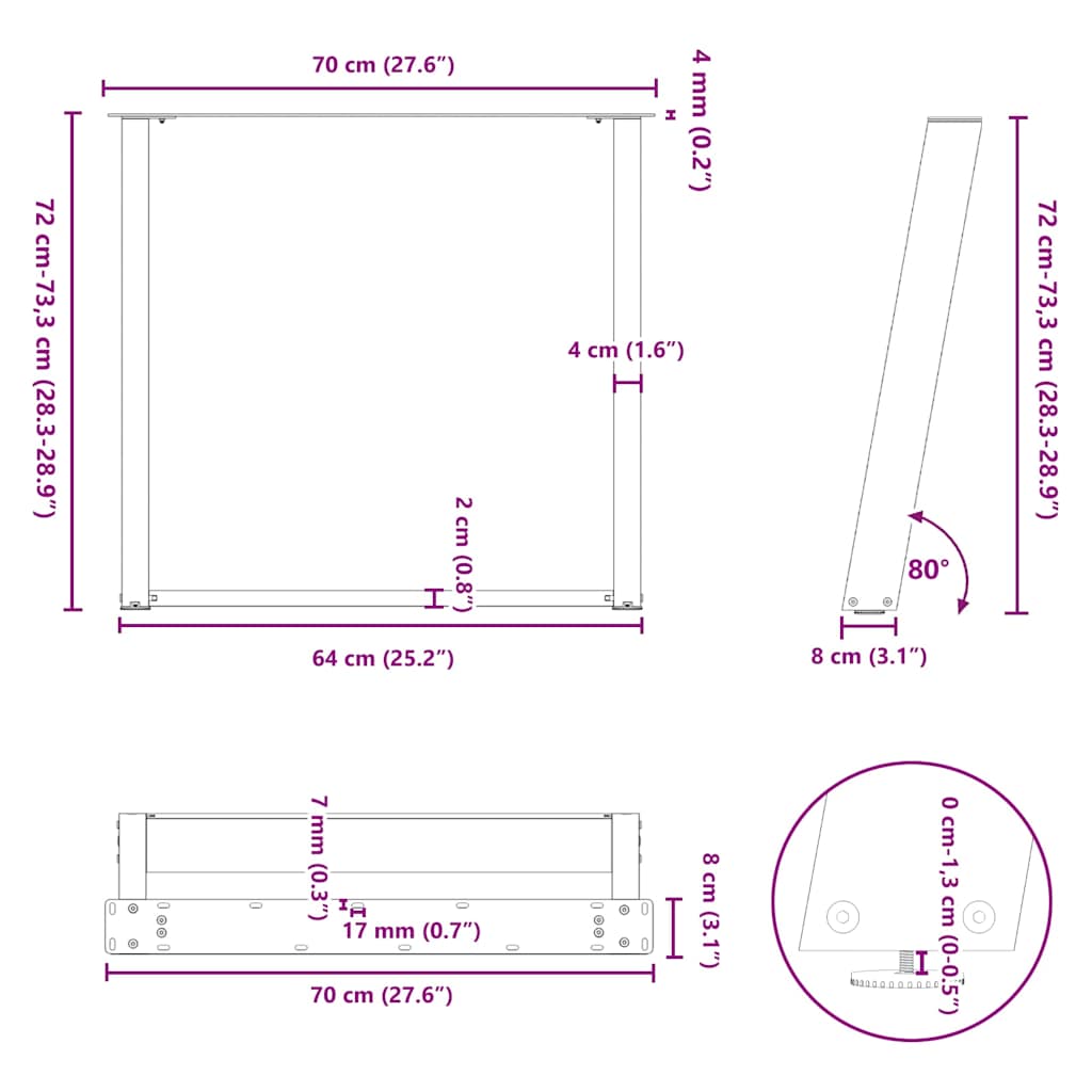 spisebordsben U-formet 2 stk. naturstål 70x(72-73) cm stål