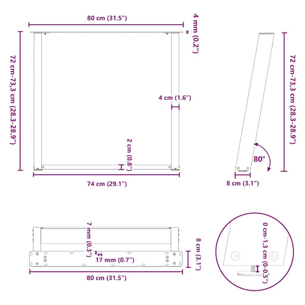 spisebordsben U-formet 2 stk. sort 80 x (72-73) cm stål