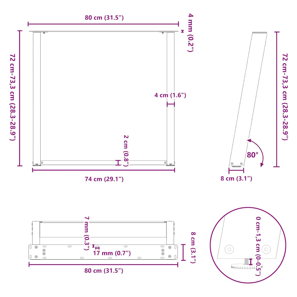 spisebordsben U-formet 2 stk. naturstål 80x(72-73) cm stål
