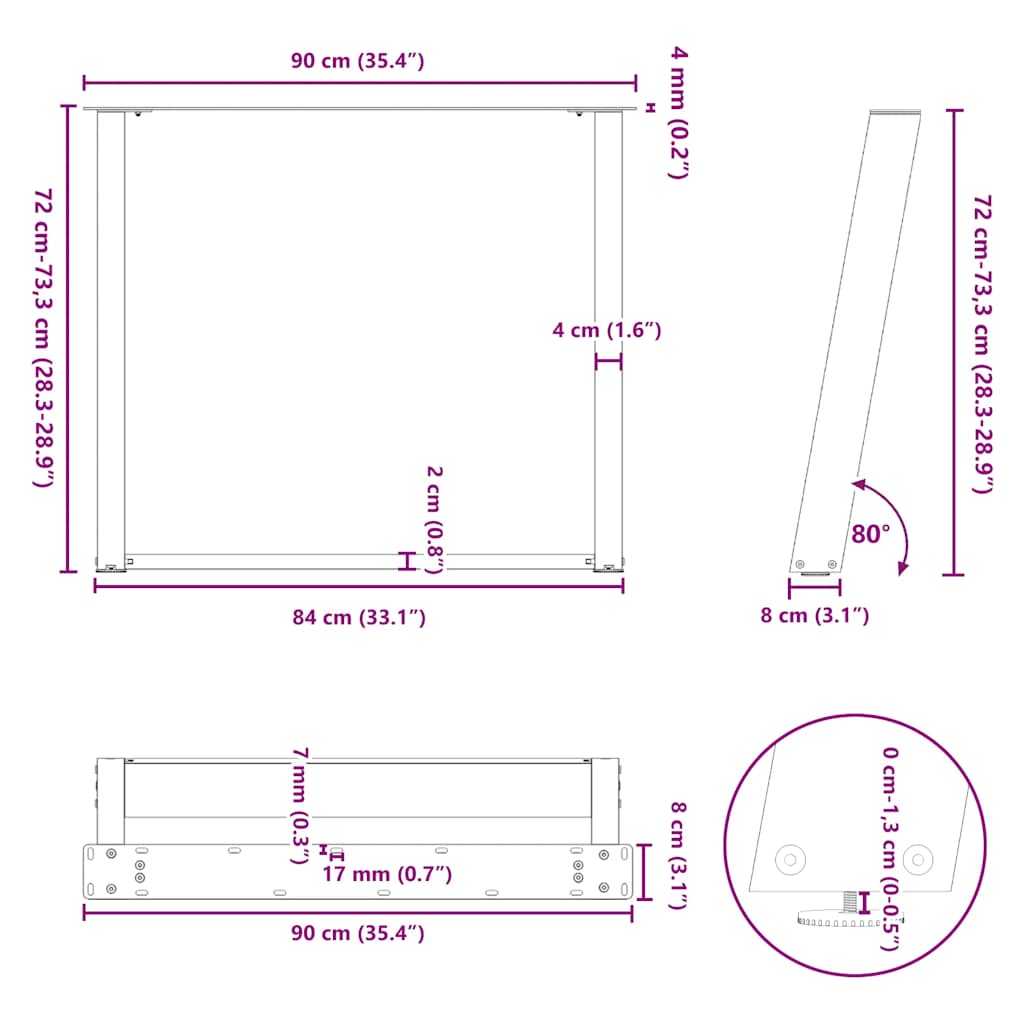 spisebordsben U-formet 2 stk. sort 90 x (72-73) cm stål