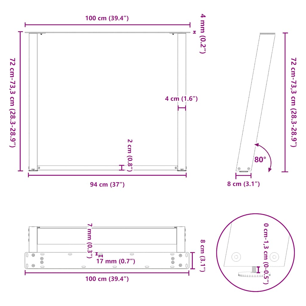 spisebordsben U-formet 2 stk. sort 100x(72-73) cm stål
