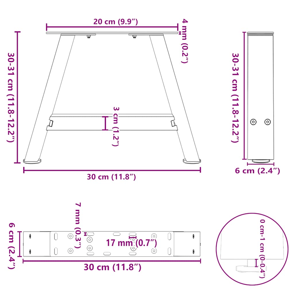 sofabordsben A-formet 2 stk. sort 30x(30-31) cm stål