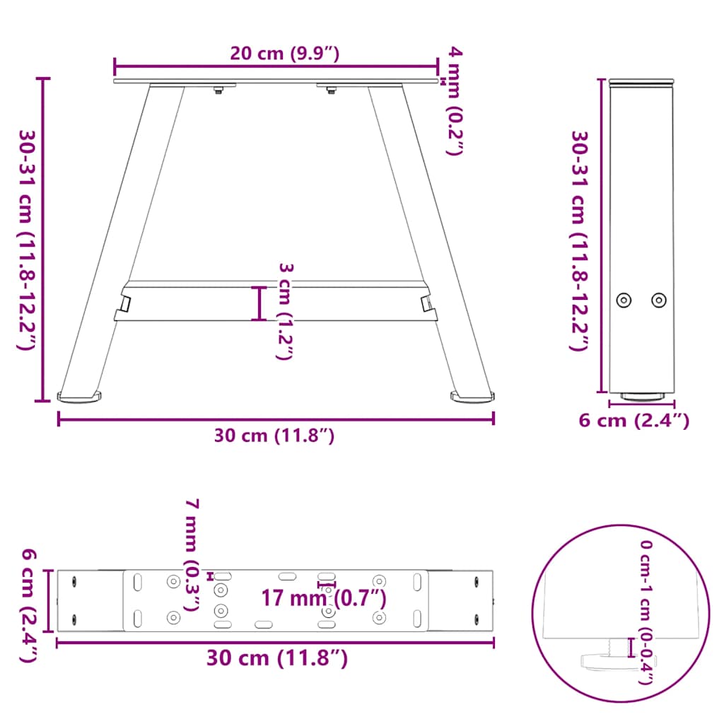 sofabordsben A-formet 2 stk. 30x(30-31) cm stål