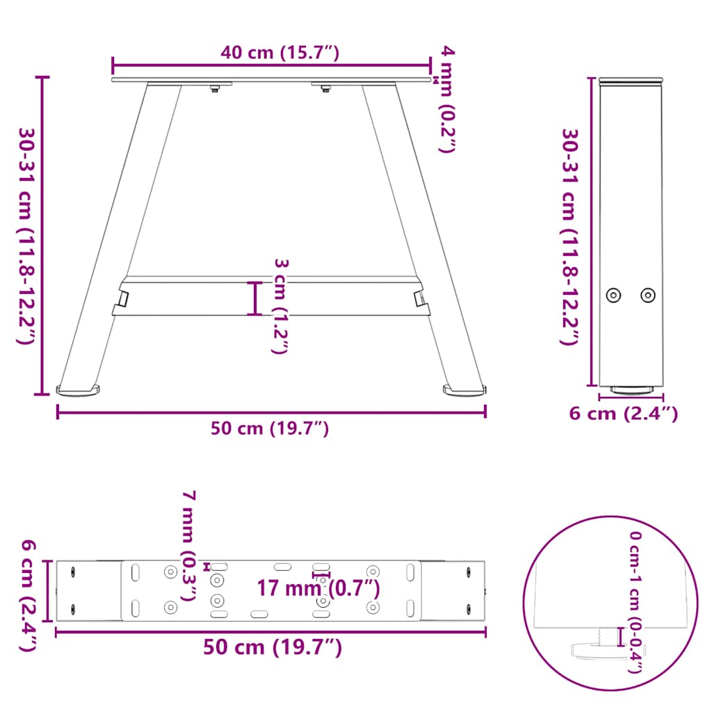 sofabordsben A-formet 2 stk. 50x(30-31) cm stål