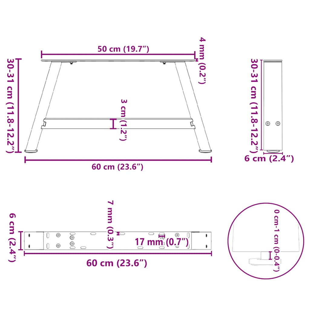 sofabordsben A-formet 2 stk. hvid 60x(30-31) cm stål