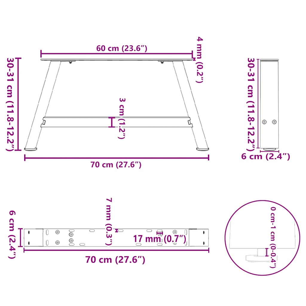 sofabordsben A-formet 2 stk. sort 70 x (30-31) cm stål