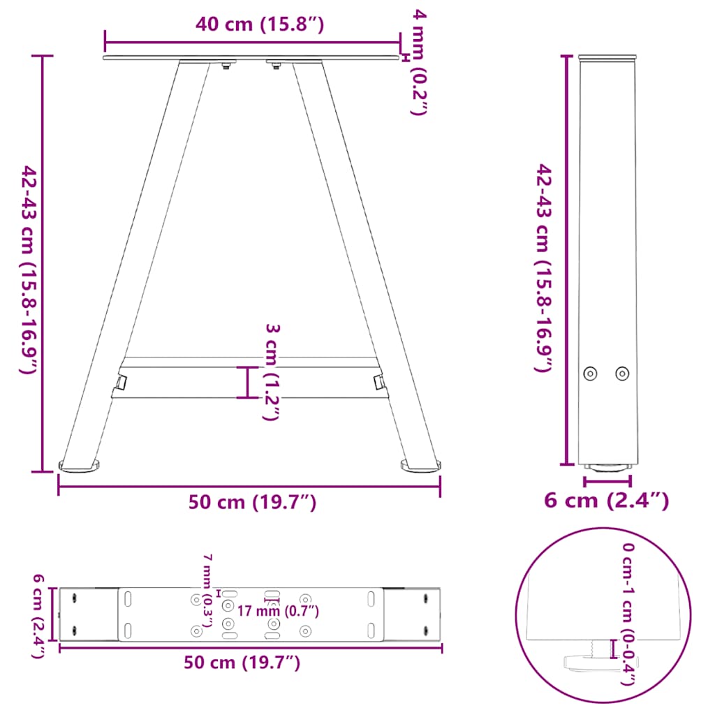 sofabordsben A-formet 2 stk. antracit 50x(42-43) cm stål